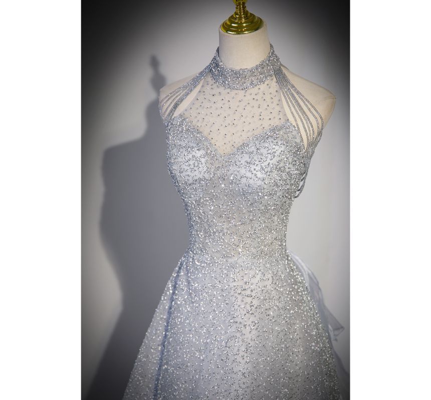 Mesh Sleeveless Beaded Mock Plain Evening Gown A-Line Neck