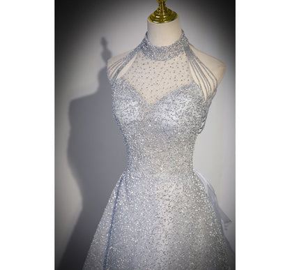 Mesh Sleeveless Beaded Mock Plain Evening Gown A-Line Neck