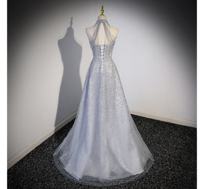 Mesh Sleeveless Beaded Mock Plain Evening Gown A-Line Neck