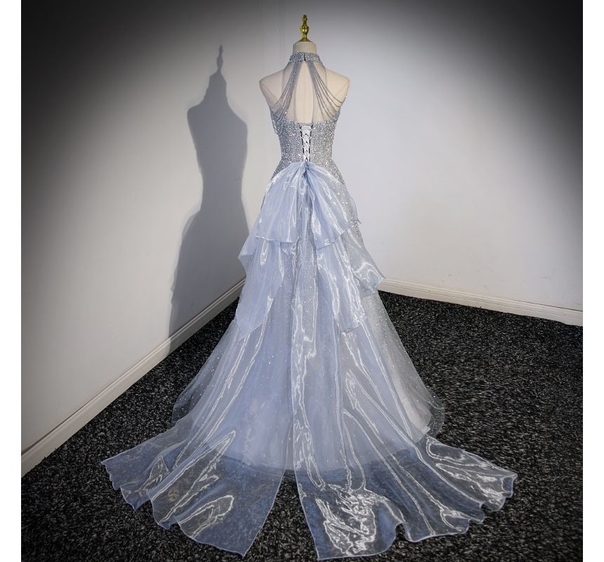 Mesh Sleeveless Beaded Mock Plain Evening Gown A-Line Neck