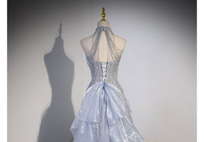 Mesh Sleeveless Beaded Mock Plain Evening Gown A-Line Neck