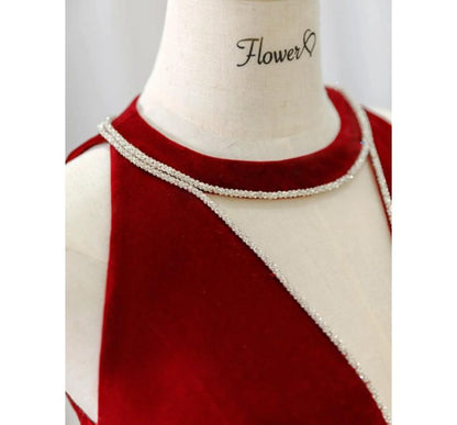 Gown Cutout Velvet Crew Neck Rhinestone Plain A-Line Sleeveless Evening