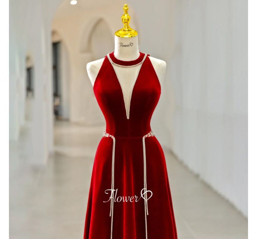 Sleeveless Crew Neck Plain Cutout Rhinestone Velvet A-Line Evening Gown