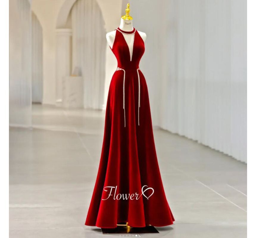 Sleeveless Crew Neck Plain Cutout Rhinestone Velvet A-Line Evening Gown