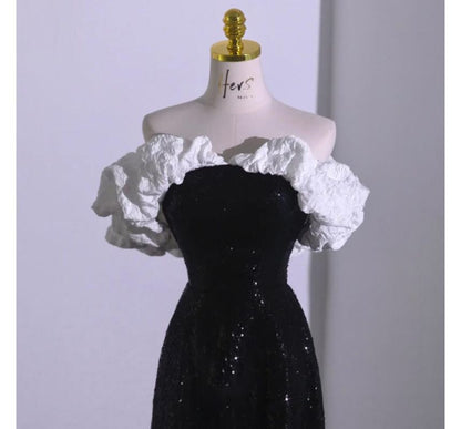 A-Line Shoulder Tube Tone Evening Ruffle Sequin Gown Off Two Short-Sleeve Bow