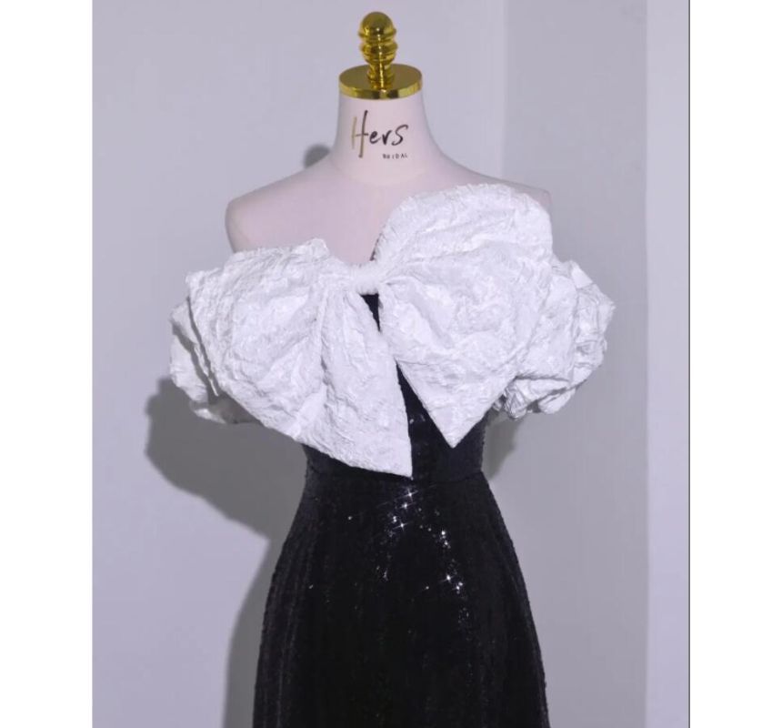 A-Line Shoulder Tube Tone Evening Ruffle Sequin Gown Off Two Short-Sleeve Bow