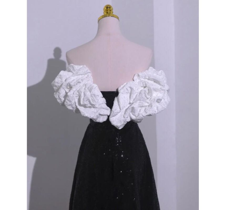 A-Line Shoulder Tube Tone Evening Ruffle Sequin Gown Off Two Short-Sleeve Bow