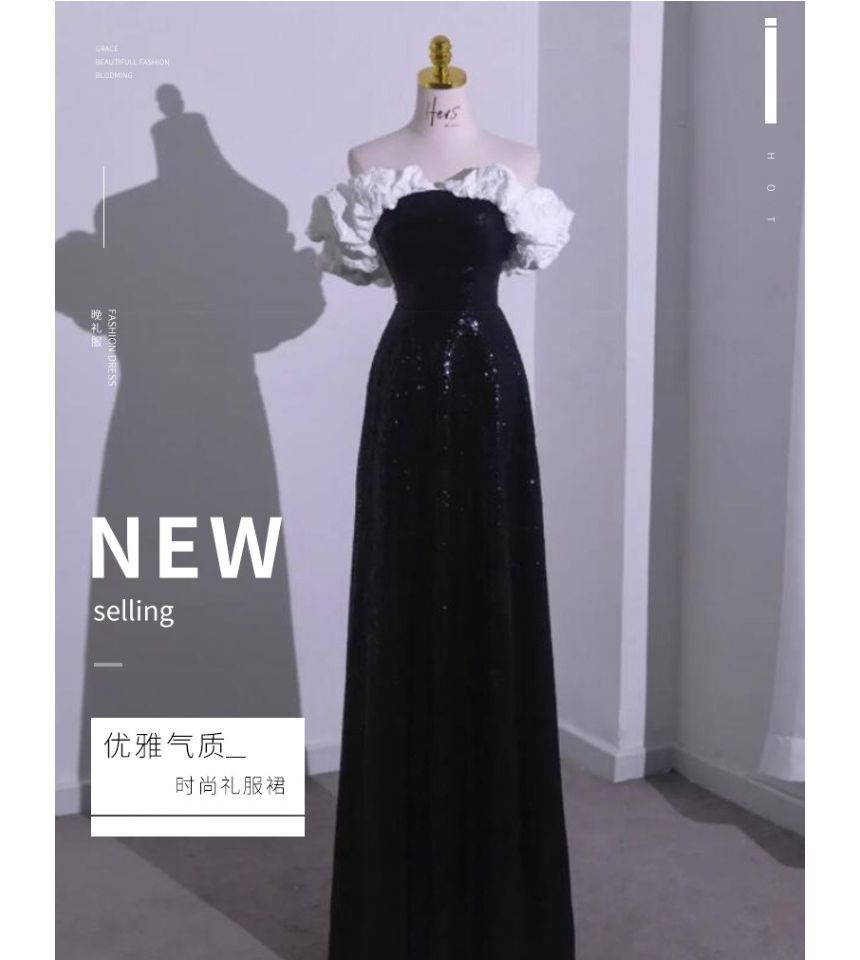 A-Line Shoulder Tube Tone Evening Ruffle Sequin Gown Off Two Short-Sleeve Bow