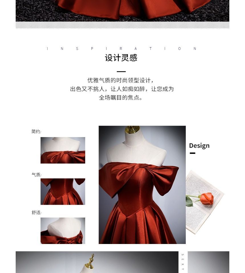 Short-Sleeve Pleated Evening Shoulder A-Line Plain Gown Off Satin