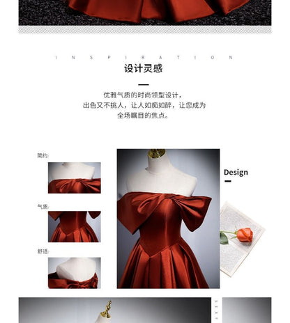 Short-Sleeve Pleated Evening Shoulder A-Line Plain Gown Off Satin