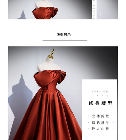 Short-Sleeve Pleated Evening Shoulder A-Line Plain Gown Off Satin