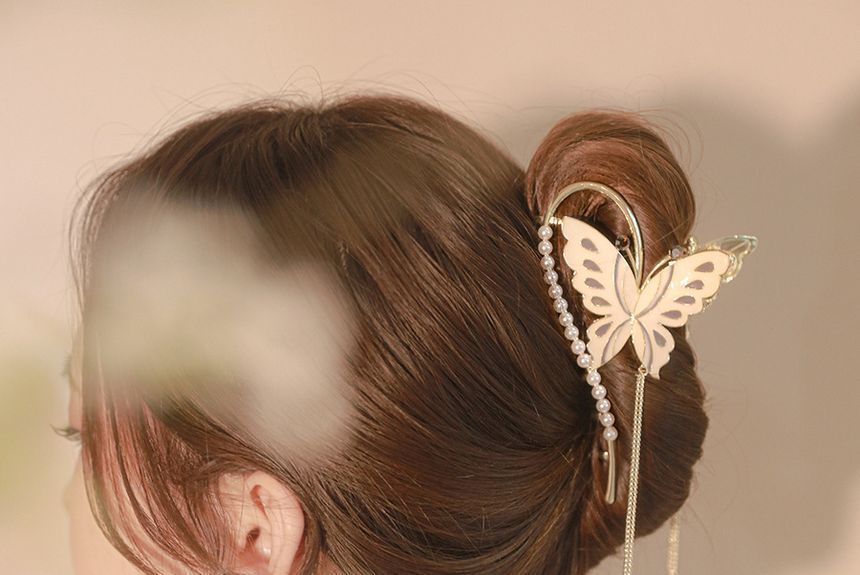 Faux Pearl Butterfly Fringed Hair Claw