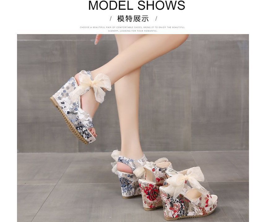 Wedge Floral Bow Platform Heel Sandals