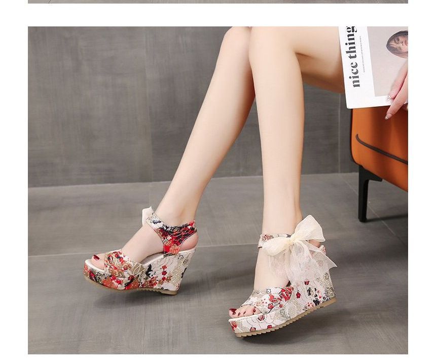 Wedge Floral Bow Platform Heel Sandals