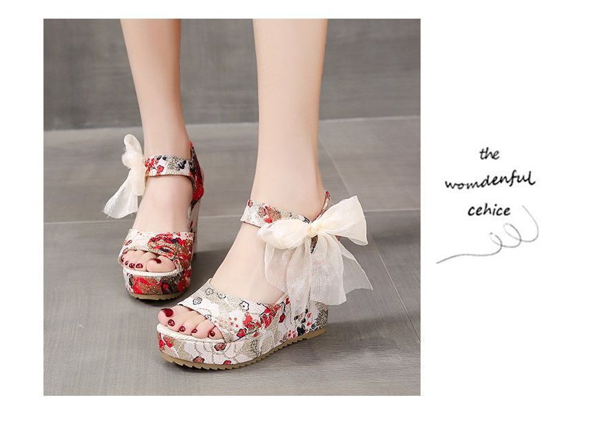 Wedge Floral Bow Platform Heel Sandals