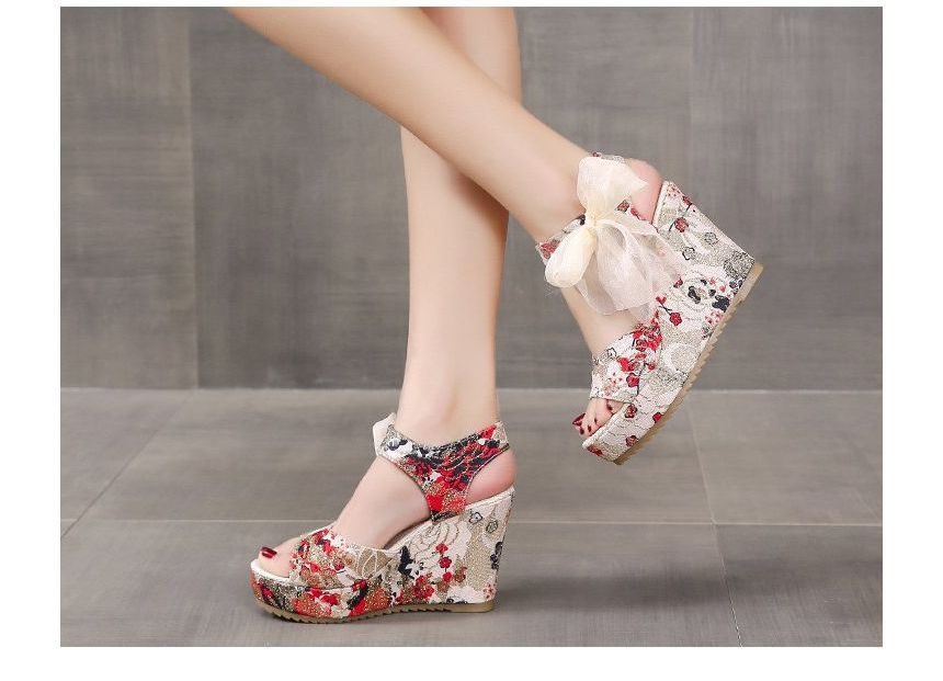 Wedge Floral Bow Platform Heel Sandals