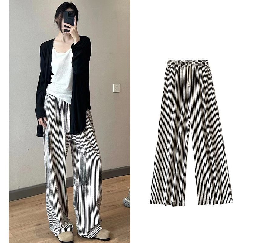 High Rise Striped Printed Wide Leg Drawstring Sweatpants