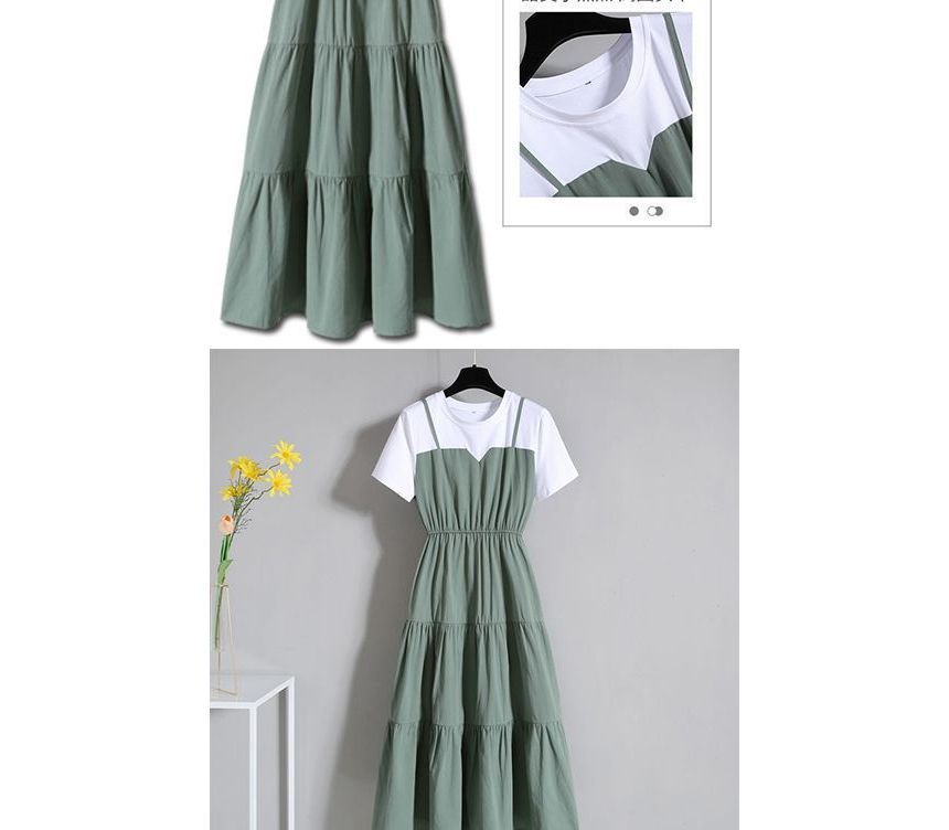 Short-Sleeve Crew Neck Mock Two-Piece Tiered Midi A-Line Dress