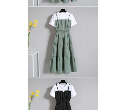 Short-Sleeve Crew Neck Mock Two-Piece Tiered Midi A-Line Dress