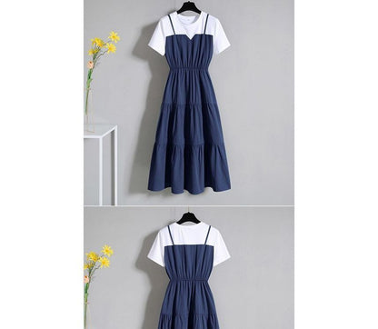Short-Sleeve Crew Neck Mock Two-Piece Tiered Midi A-Line Dress