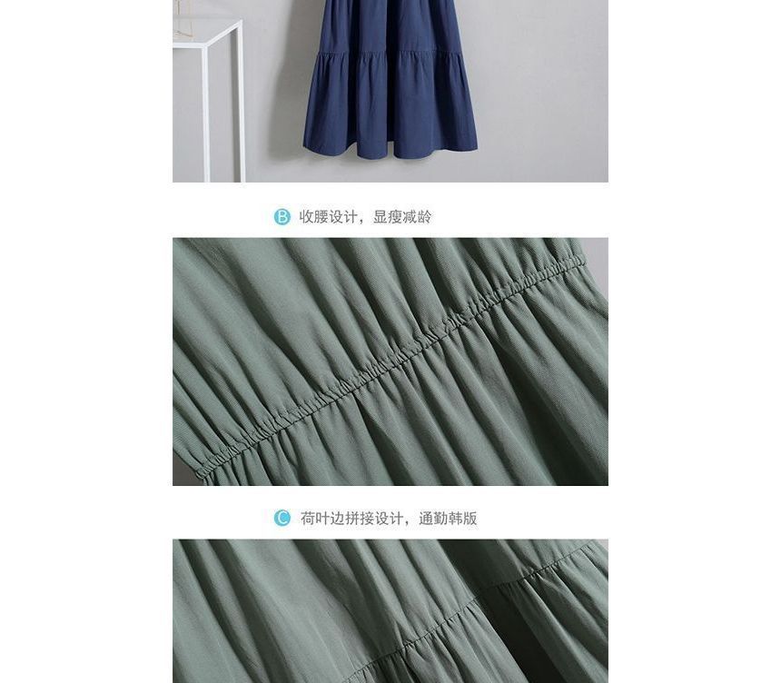 Short-Sleeve Crew Neck Mock Two-Piece Tiered Midi A-Line Dress