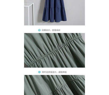 Short-Sleeve Crew Neck Mock Two-Piece Tiered Midi A-Line Dress