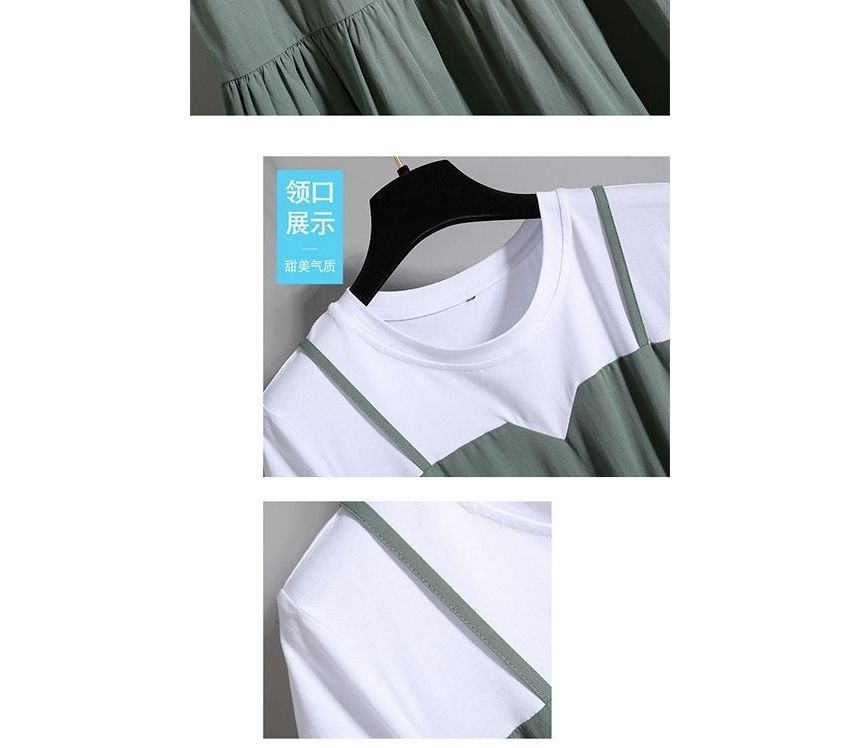 Short-Sleeve Crew Neck Mock Two-Piece Tiered Midi A-Line Dress