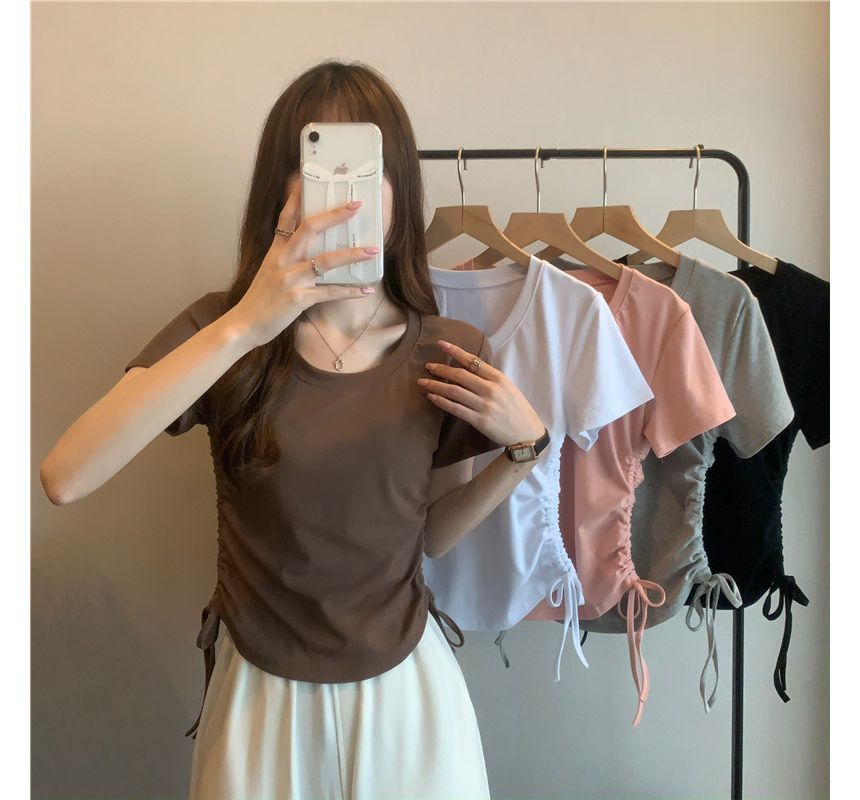 Short-Sleeve Crew Neck Plain Drawstring Tee