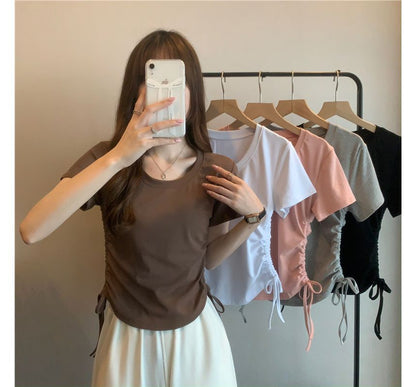 Short-Sleeve Crew Neck Plain Drawstring Tee