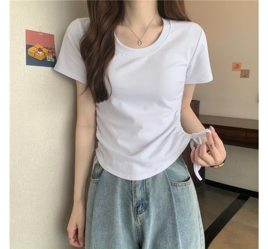 Short-Sleeve Crew Neck Plain Drawstring Tee