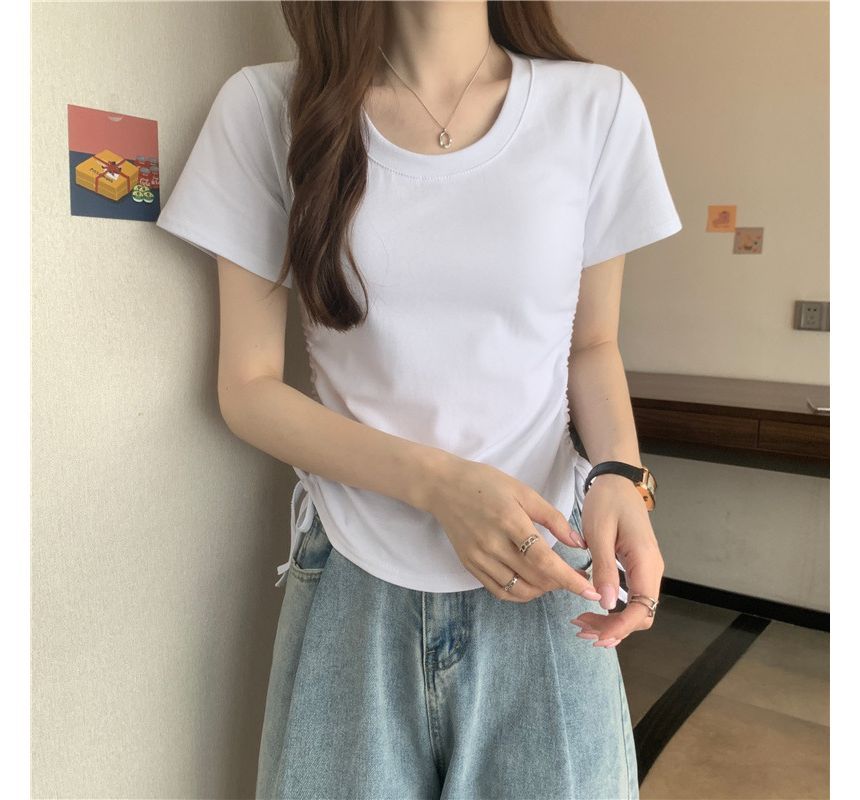 Short-Sleeve Crew Neck Plain Drawstring Tee