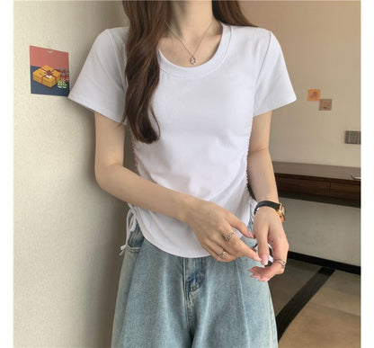 Short-Sleeve Crew Neck Plain Drawstring Tee