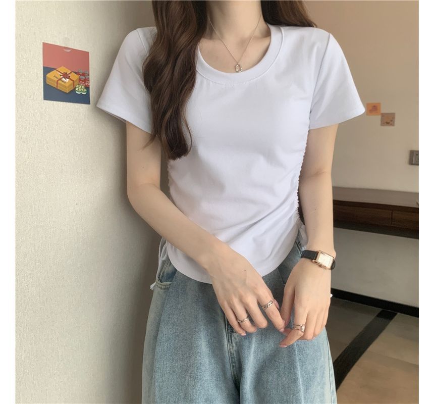 Short-Sleeve Crew Neck Plain Drawstring Tee