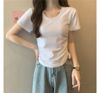 Short-Sleeve Crew Neck Plain Drawstring Tee