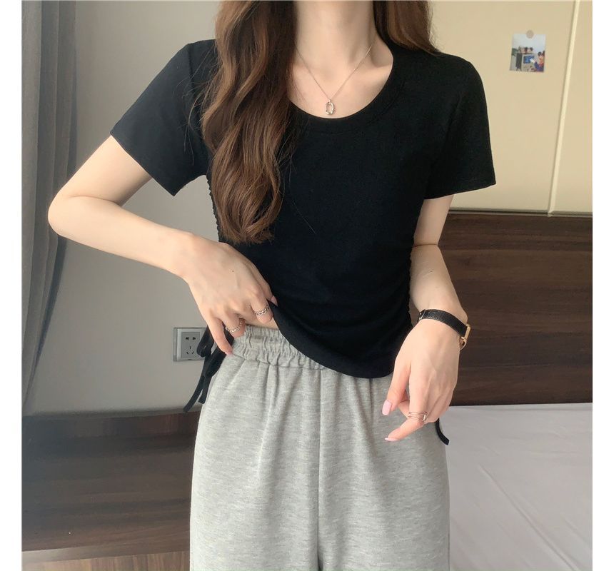 Short-Sleeve Crew Neck Plain Drawstring Tee