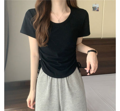Short-Sleeve Crew Neck Plain Drawstring Tee
