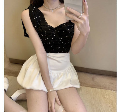 Tie Shoulder Heart Print Ruched Camisole Top