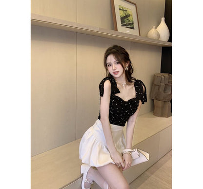 Tie Shoulder Heart Print Ruched Camisole Top