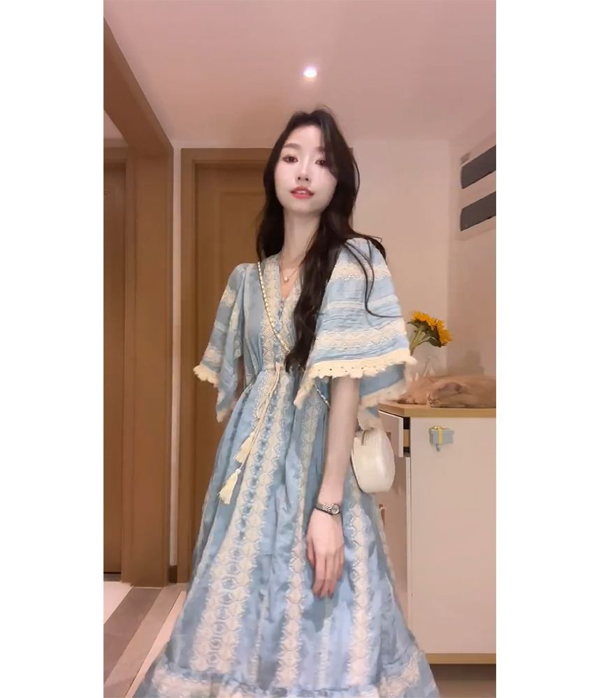 Elbow-Sleeve V-Neck Embroidered Tassel Panel Midi A-Line Dress