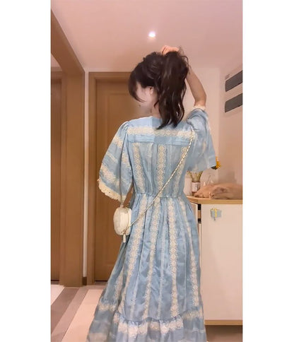 Elbow-Sleeve V-Neck Embroidered Tassel Panel Midi A-Line Dress