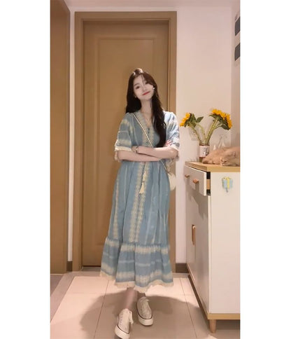 Elbow-Sleeve V-Neck Embroidered Tassel Panel Midi A-Line Dress