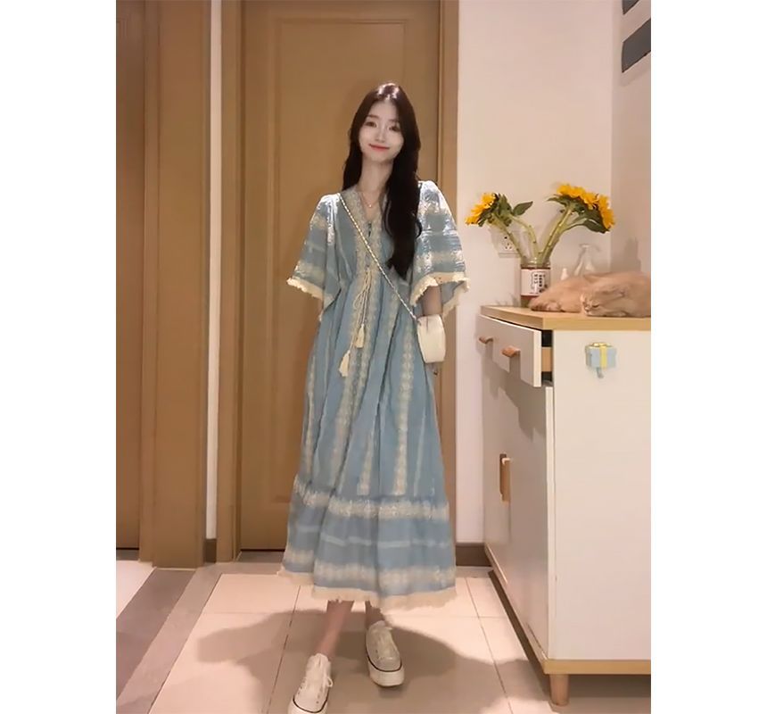 Elbow-Sleeve V-Neck Embroidered Tassel Panel Midi A-Line Dress