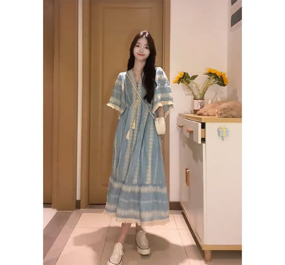 Elbow-Sleeve V-Neck Embroidered Tassel Panel Midi A-Line Dress