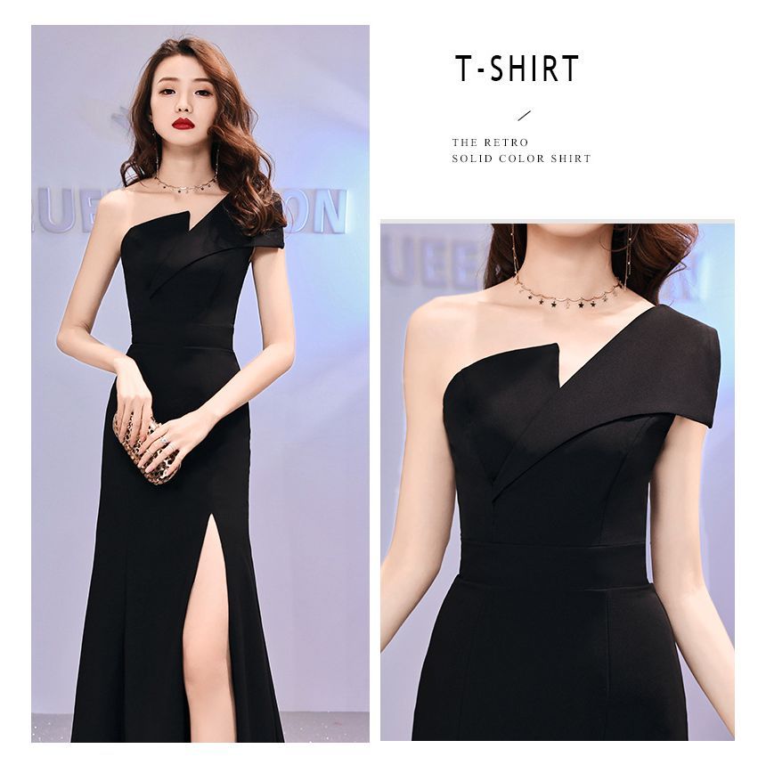 One-Shoulder Slit A-Line Evening Gown