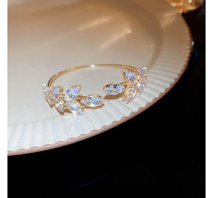 Leaf Rhinestone Alloy Open Bangle