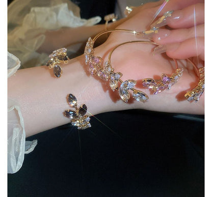 Leaf Rhinestone Alloy Open Bangle