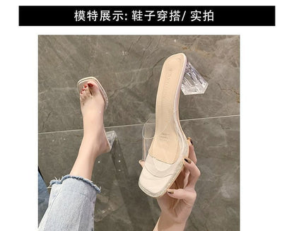 Block Heel Square-Toe Rhinestone PVC Strap Slide Sandals