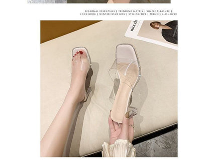 Block Heel Square-Toe Rhinestone PVC Strap Slide Sandals