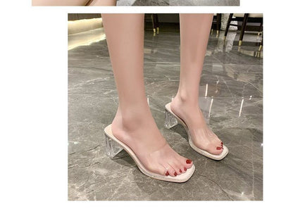 Block Heel Square-Toe Rhinestone PVC Strap Slide Sandals
