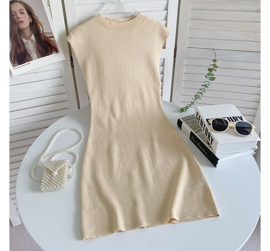 Cap-Sleeve Mock Neck Plain Knit Mini Bodycon Dress